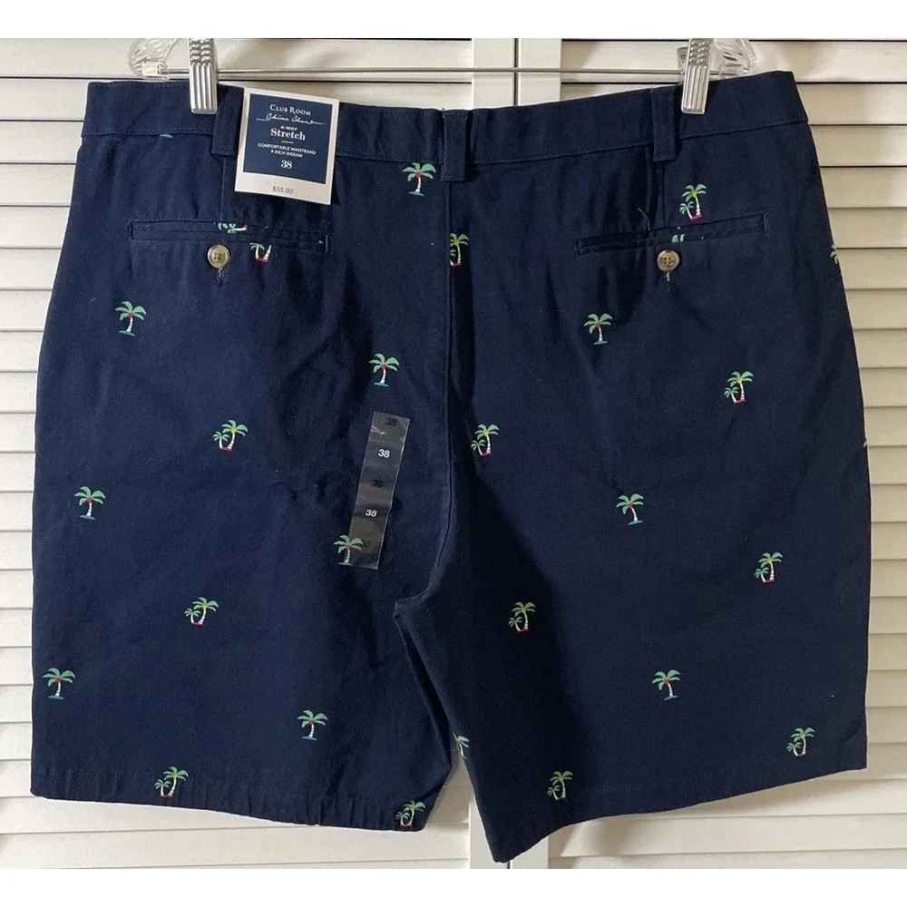 Club Room All Over Palm Trees Navy Blue Chino Shorts NWT Men's Size 38x9 Stretch